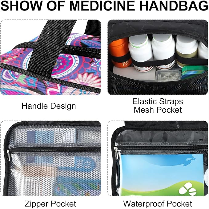 Naanle Pill Organizer Bag Travel Pill Bottle Medicine Organizer Home Storage Medication Bag for Vitamin Supplements, Traditional Paisley Flowers Empty First Aid Bag for Car Camping, 1.0 Count