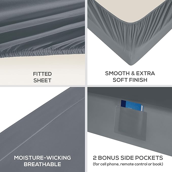 Mueller Luxury 6 PC Full Size Bed Sheets, Super Soft 1800, Deep Pocket up to 16" Full Size Sheets, Transfers Heat, Breathes Better, Hypoallergenic, Wrinkle-Resistant, Oeko-TEX, Light Grey