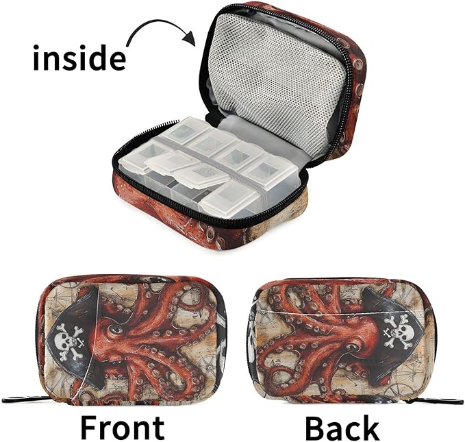 Pill Organizer Box Case Weekly Travel Pill Container Holder 7Day Cute Vitamin Organizer Dispenser Sorter Planner Storage Small Compact Octopus Pirate and Compass06