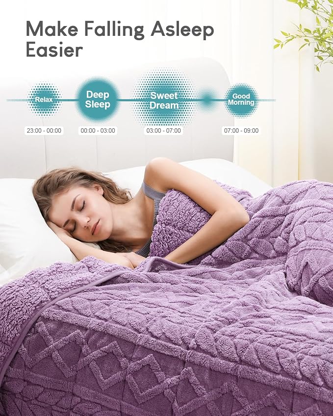 Cottonblue Jacquard Weighted Blanket 15lbs for Adults Twin Full Size, Soft Fuzzy Sherpa Fleece Weighted Throw Blankets 48x72 in for Relax and Sleep, Cozy Heavy Bed Blankets with Glass Beads, Purple