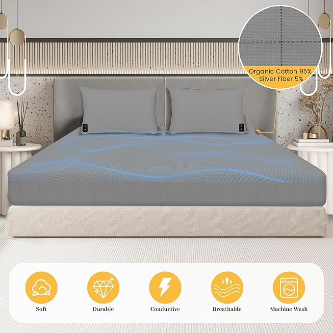 Conductive Grounding Sheet with 15ft Grounding Cord Grounding Fitted Sheet Grounded Mat with 5% Silver + 95% Organic Cotton Fiber for Better Sleep Twin Size (39"x80"x10")