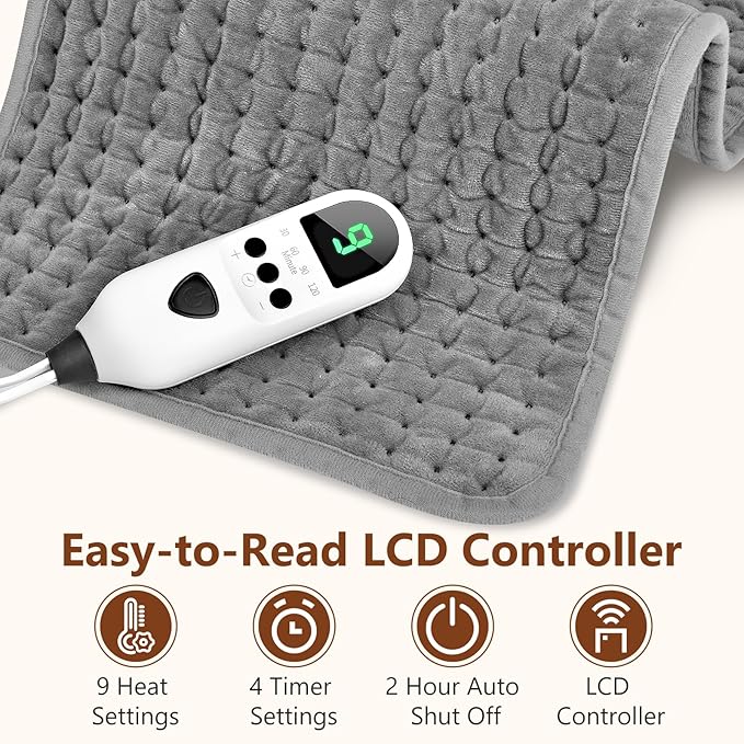 Heating Pad for Back Pain & Period Cramps Relief, 9 Heat Settings Electric Heating Pad for Neck & Shoulder, Auto Shut Off, Soft Machine Wash Fabric, Gifts for Mom, Women, 12''x24'', Gray