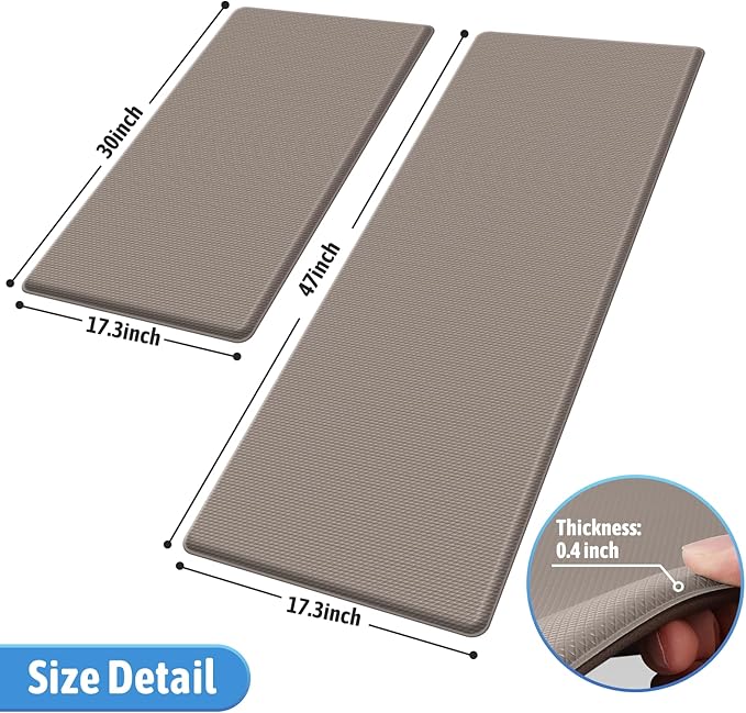 StepLively Kitchen Mat, 2 PCS Kitchen Rugs, Cushioned Kitchen Mats for Floor, Anti Fatigue Kitchen Rug Set, Non-Skid Standing Mat for Kitchen, Office, Sink, 17.3"×30"+17.3"×47", Khaki
