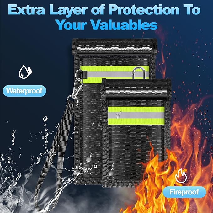 2 Pack Faraday Bags,Portable Faraday Key Fob Protector EMP Protection Bags,Faraday Bags for Phones,Faraday Pouch for Key Fob with Reflective Strip,Water Resistant,Fire Retardant,Foldable,Black