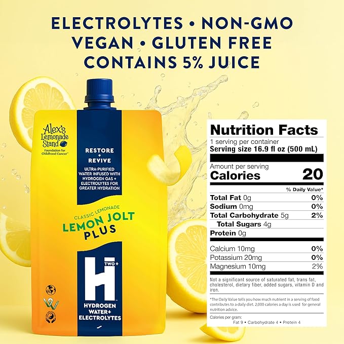 HTWO Plus Molecular Hydrogen Water with Electrolytes, Lemonade Flavor, Sugar Free Hydration Packets, 16.9oz 12 Pack, Energy Sports Drink, Performance & Recovery Support, Alternative to Hydrogenated Tablet - no Prep/Mess, 15 ppm