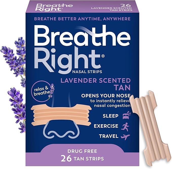 Breathe Right Nasal Strips Lavender Scent Extra Strength Tan Nasal Strips Help Stop Snoring Drug-Free Snoring Solution & Nasal Congestion Relief Caused By Colds & Allergies 26ct (packaging may vary)