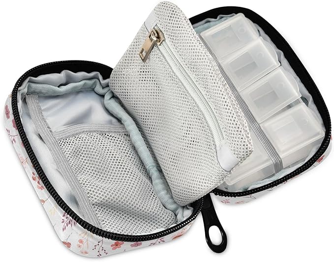 Ollabaky Wildflowers Watercolor Pill Organizer Travel Pill Cases Bag Portable Pill Container 7 Days Pill Box Organizer Vitamin Supplement Holder with Zipper for Family Business