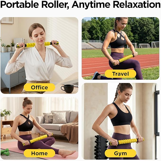 Muscle Roller & Massage Roller Stick for Athletes - Lymphatic Drainage Support, Relieves Muscle Soreness, Cramping & Tightness - Targets Legs, Arms, Back & Calves （Yellow）