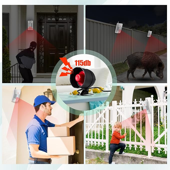 KERUI Standalone Home Office Shop Security Alarm System Kit,Wireless Loud Indoor/Outdoor Weatherproof Siren Horn with Remote Control and Door Contact Sensor,Motion Sensor,Up to 115db,NO WiFi/GSM/APP