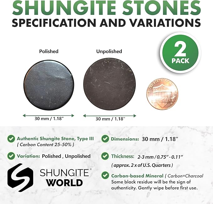 2 pcs Shungite Stickers Set Round 30 mm Polished and Unpolished (1 of Each) for Cell Phone Case Tablet Laptop Computer - Energy Shungite Stones Protection Plate with Carbon Fullerenes