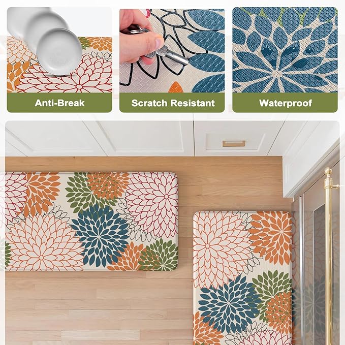 Collive Kitchen Rugs and Mats Cushioned Anti Fatigue Kitchen Mat 2PCS Non-Skid Waterproof Kitchen Runner Rug Comfort Foam Standing Mat for Floors,Office,Laundry,Sink,Floral