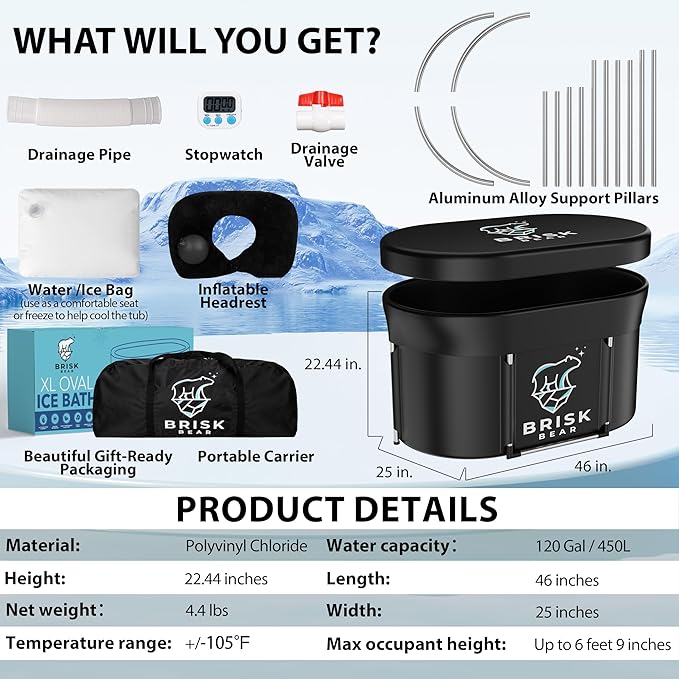 XL Oval Ice Bath Tub for Athletes with Cover by Brisk Bear - Extra Large Cold Plunge Tub for Recovery - Ice Bath Plunge Pool with Digital Timer - Cold Plunge to Soothe Muscles - Black Ice Tub