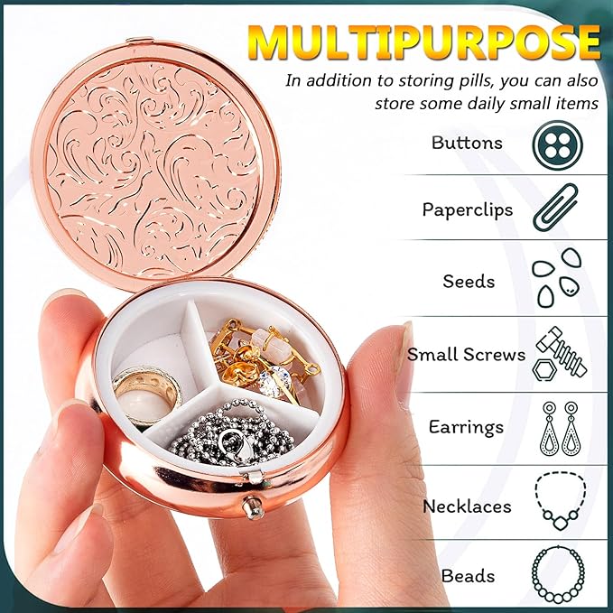 Pill Box 3 Compartment Pockets or Wallet Pill Case (2 Pieces) with Waterproof Keychain Portable Medicine Box (2 Pieces) - Small Travel Daily Vitamin Tissue Metal Pill Box (Black+Rose+Silver)