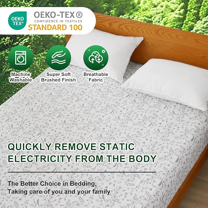 Ivellow Floral Grounding Sheets King 10% Pure Silver Fiber 90% Organic Cotton Fitted Sheet King Size 16” Deep Pocket Soft Earth Connected Bedding Patterned Fitted Bed Sheet with Grounding Cord