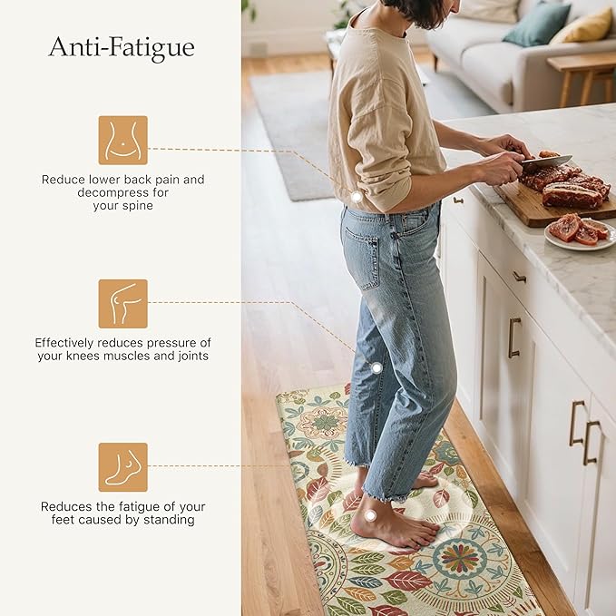 GENIMO Kitchen Mats for Floor 2PCS, Cushioned Kitchen Rugs Non Slip Washable, Farmhouse Anti Fatigue Mat Waterproof, Comfort Standing Mat Rug for Office, Home, Laundry, 17.3"x47"+17.3"x30", Beige&Red