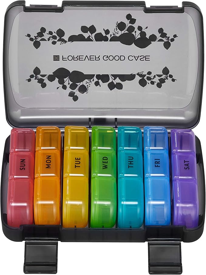FGcase 7 Day Pill Organizer 3 Times a Day Large Weekly Pill Case with Secure Travel Shell, Rainbow 21 Compartments Pill Box for Fish Oil/Vitamins/Supplements BPA-Free and Moisture-Proof, Black