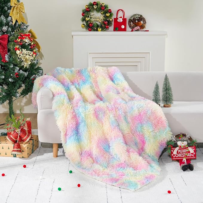 Cottonblue Plush Shaggy Weighted Blanket 20lbs, Ultra Soft Faux Fur Sherpa Blanket, Luxury Fluffy Fleece Reverse Blankets, Warm and Cozy Throw for Bedroom Sofa Floor Decor, 60"x80", Rainbow
