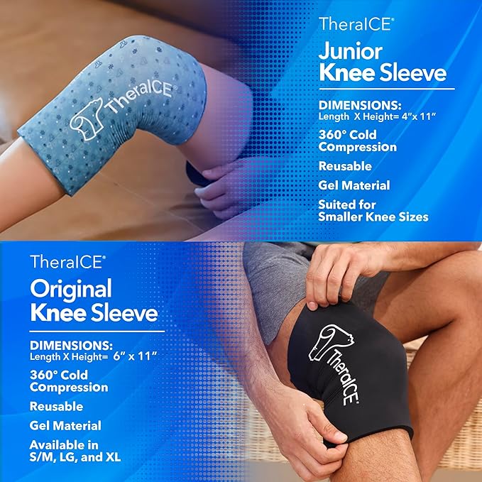 TheraICE Junior Knee Ice Pack Wrap Compression Sleeve for Injuries, Reusable Gel Cold Packs Brace Also for Ankle & Calf - Flexible Cold Wrap Recovery for Meniscus, ACL, MCL Pain Relief