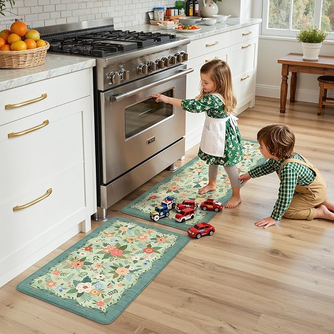 KIMODE Kitchen Mats for Floor Cushioned Anti Fatigue, Green Floral Kitchen Rugs Sets of 2, Boho Rugs for Kitchen Floor, Comfort Kitchen Floor Mats, Standing Desk Mat for Sink Laundry 20"x47"+20"x32"