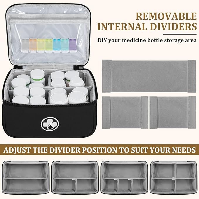 Dual Layers Medicine Organizer Bag, Pill Bottle Organizer Storage with Lockable Zipper, Lockable Medicine Travel Case for Pills, Vitamins, Medical Supplies, Black（Lock Not Included）