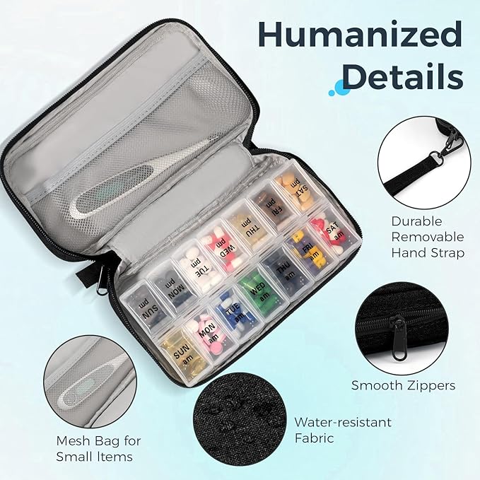 Weekly Pill Organizer 2 Times a Day, Travel Pill Box 7 Day with Large Opening, Pill Case with Handle, Pill Dispenser Medicine Organizer for Vitamins, Fish Oils, Medications, Supplements(Black, Large)