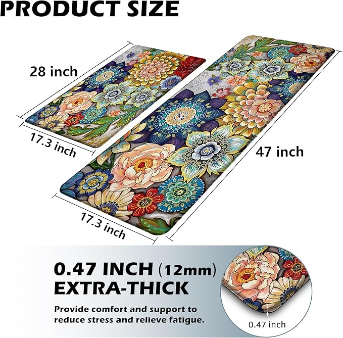 Boho Floral Kitchen Rugs Mats for Floor 2 Piece Cushioned Anti Fatigue Memory Foam Mat Non Slip Standing Desk Padded Comfort Standing Mat, 17.3x28+17.3x47 Inch - 1/2 Inch Thick
