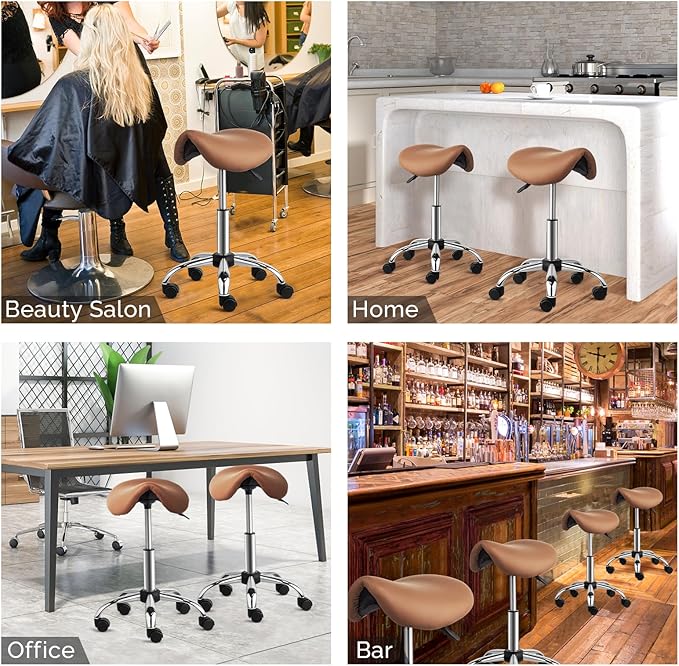 OmySalon Adjustable Saddle Stool with Footrest, Hydraulic Rolling Salon Chair, 360° Swivel Wheels Ergonomic Stool for Hair Stylists, Tattoo Artists, Office, Spa, Massage, Dental (Brown)
