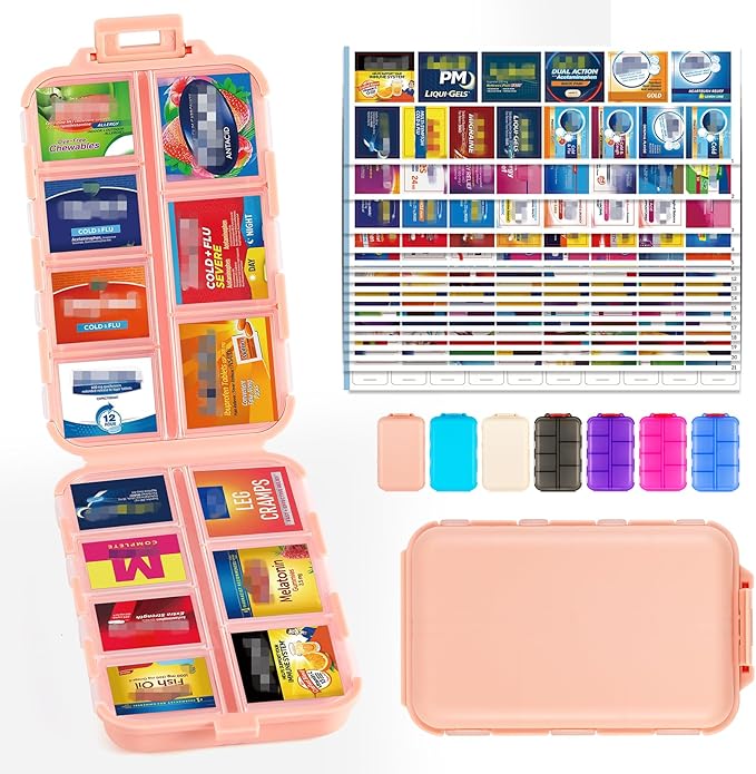 Travel Pill Organizer with Bulk Stickers & Labels - Small & Portable Week Daily Medicine Pharmacy for Pocket, Bag - 14-Compartment Foldable Supplement Box Holder for Fish Oil Vitamin - Pink