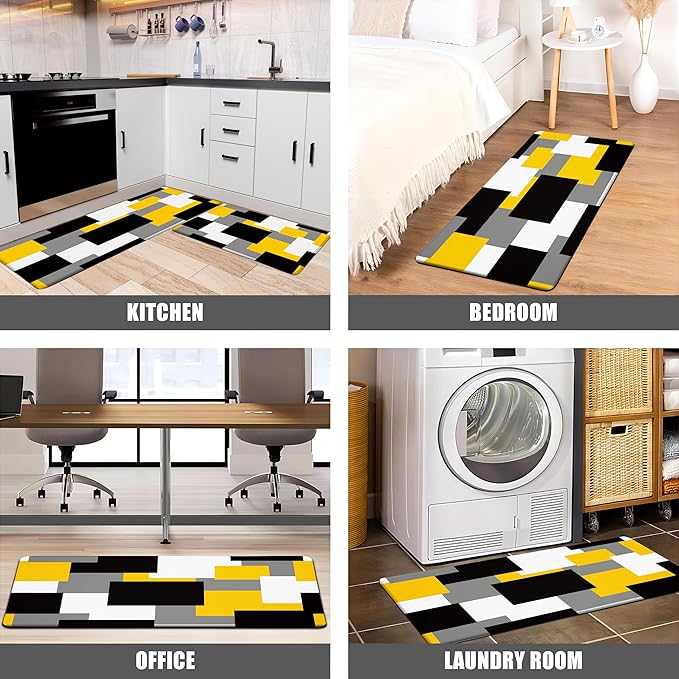 Yellow Grey Kitchen Rug Set of 2 Cushioned Anti Fatigue Kitchen Mats for Floor Non-Slip Waterproof Kitchen Floor Mats Geometric Ergonomic Cushioned Comfort Standing Mat for Laundry, Office, Sink