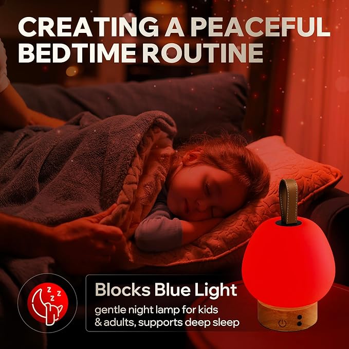 liderstar Red Light Therapy Sleep Lamp – 660nm Glow for Better Sleep | Cordless, Dimmable Night Light with Timer | Rechargeable, Portable Red Lamp for Bedroom (Light Wood)