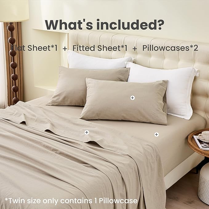 Simple&Opulence Belgian Linen Sheet Set Solid Color - 4 Pieces (1 Flat Sheet & 1 Fitted Sheet & 2 Pillowcases) Natural Flax Cotton Blend Soft Bedding Breathable Farmhouse - Khaki, Queen Size