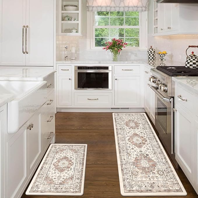 Pauwer Anti Fatigue Kitchen Mat Set of 2 Non Slip Kitchen Mats for Floor Cushioned Kitchen Rugs Comfort Standing Mat Farmhouse Waterproof PVC Foam Kitchen Floor Mat Runner