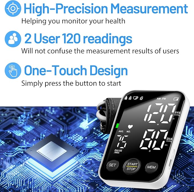 Blood Pressure Monitor Upper Arm Machine Accurate Adjustable BP Cuff Kit Led Backlit Display 2 Users 240 Sets Memory Includes Storage Bag Black