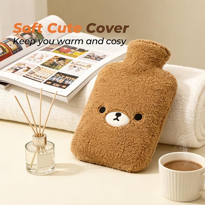samply Hot Water Bottle with Cute Fleece Cover, Hot Water Bag for Hot and Cold Compress, Hand Feet Warmer, Neck and Shoulder Pain Relief, Brown Bear