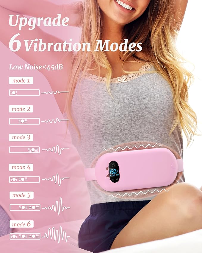 Portable Heating Pad for Cramps, Upgraded Cordless Electric Period Fast Heating Pad for Back Menstrual Belt 6 Heat 6 Vibrating Modes Gifts for Women Girls Her Girlfriend Pink