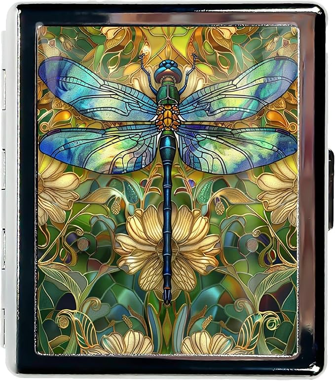 Cute Travel Pill Box Organizer with 8 Compartments - Compact and Fashionable Pill Case with Mirror - Ideal for Medications (Dragonfly Stained Glass)