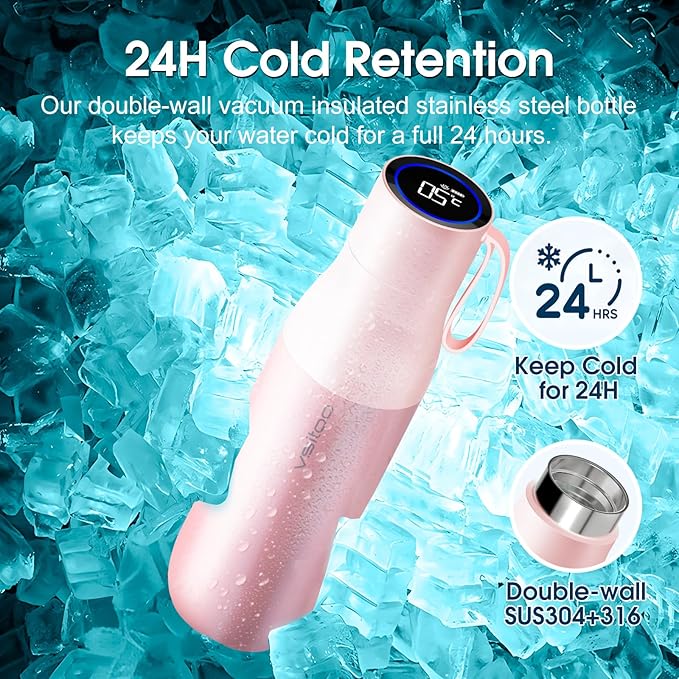 VSITOO 15oz Mini Smart Water Bottle，Self-Cleaning Insulated Bottle, Small Thermoses with AI, App & Touchscreen, Perfect Purse Water Bottle for Travel, Gym & Office, Pink