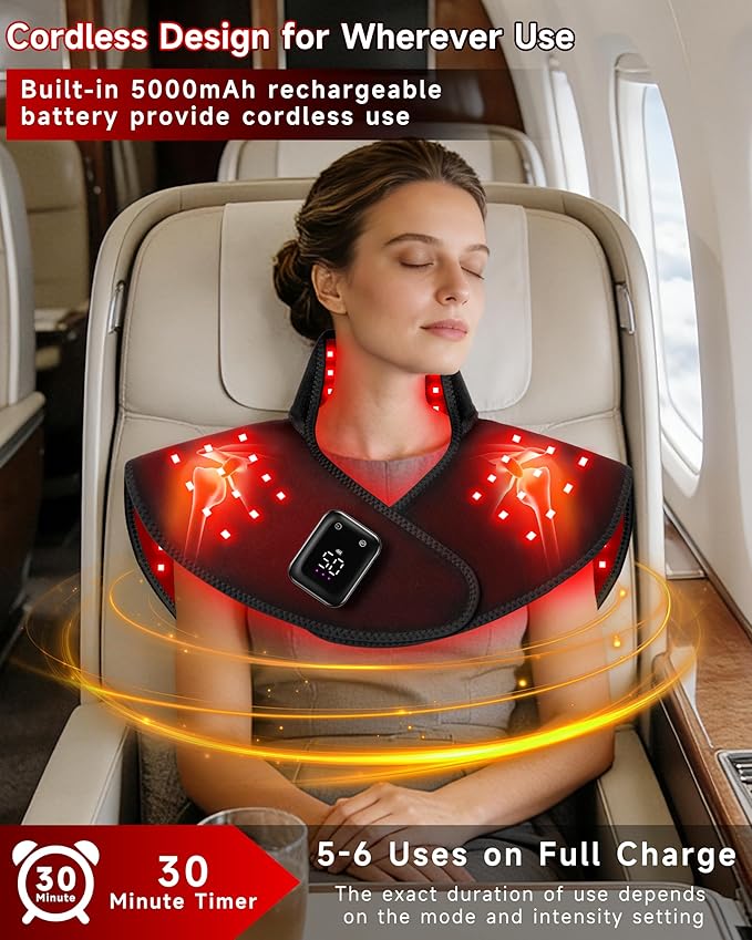 Cordless Red Light Therapy for Neck and Shoulder, 5000mAh Rechargeable 148 LEDs 660nm&850nm Near Infrared Light Therapy for Shoulder Neck Back Pain Relief (Black)
