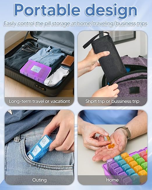 Monthly Pill Organizer 3 Times a Day, FRIWOLE Medicine Box with Portable Weekly Pill Bag, Pill Taker Remover, Pill Cutter and 2 Sticker (Purple, 3 Times a Day)