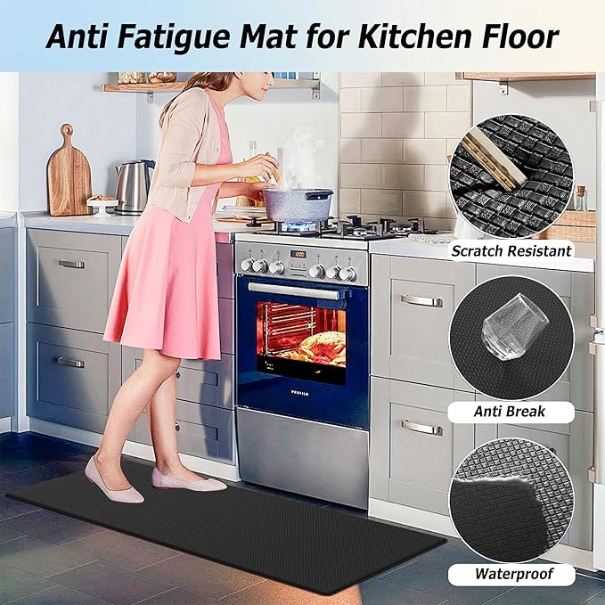 Artnice Kitchen Rugs Set of 2, Non-Slip Kitchen Mats for Floor, Ergonomic Cushioned Anti Fatigue Mat, Waterproof Standing Mat for Home, Office, Sink, Laundry, 17.3"×30"+17.3"×47", Black