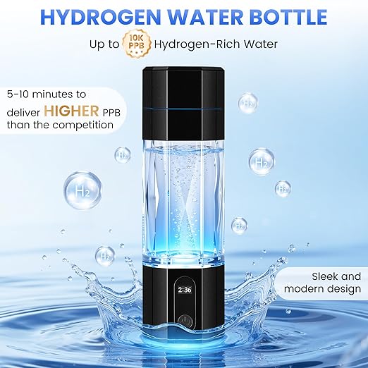 Hydrogen Water Bottle 10,000+PPB - PPB Molecular Hydrogen Infusion - SPE/PEM Technology (Black)