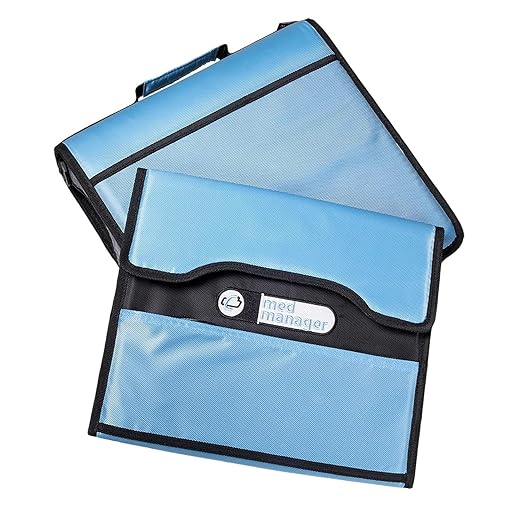 Med Manager Medicine Organizer and Portable Medical Binder, Holds (15) Pill Bottles - (11) Standard Size and (4) Large Bottles, Includes Removable 5-Tab File Folder, Light Blue, 14 x 14 x 4 inches