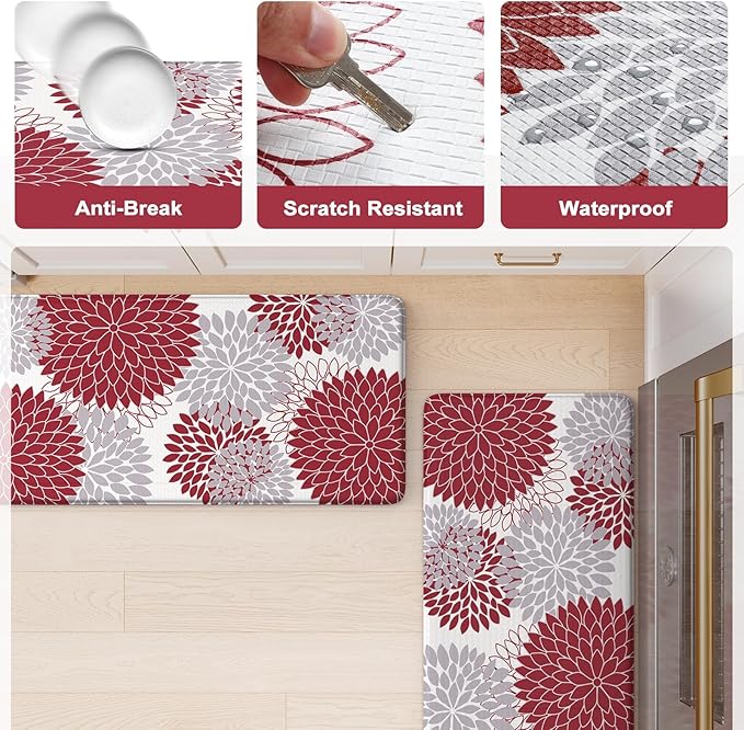 KIMODE Anti Fatigue Kitchen Mat, Cushioned Dahlia Floral Kitchen Runner, Non Slip Memory Foam Kitchen Mat for Floor, Waterproof Standing Desk Mat for Laundry, Office, Sink Red and Grey 17.3"x59"