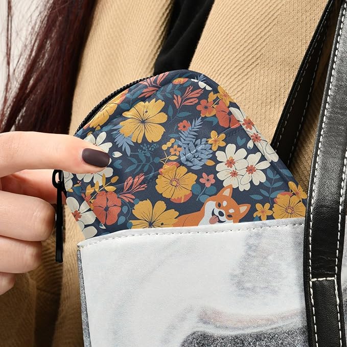 Fustylead Cute Cartoon Shiba Inu and Beautiful Flowers Pill Organizer Travel Portable Zipper Cloth Bag for Holding Weekly Supplements Vitamins and Fish Oils