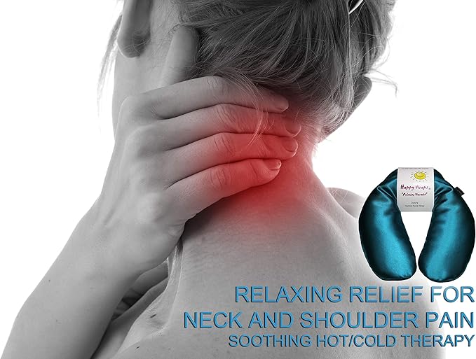 Microwavable Herbal Neck Wrap - Hot Cold Aromatherapy Neck Warming Pillow - Heating Pad for Migraines, Stress, Gifts for Women, Birthdays, Christmas and Free Sleep Mask - AuqaBlue Satin