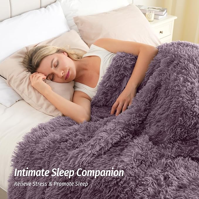 Wemore Shaggy Long Fur Faux Fur Weighted Blanket, Cozy and Fluffy Plush Sherpa Long Hair Blanket for Adult 15lbs, Fluffy Fuzzy Sherpa Reverse Heavy Blanket for Bed, Couch, Pink Purple, 48 x 72 Inches