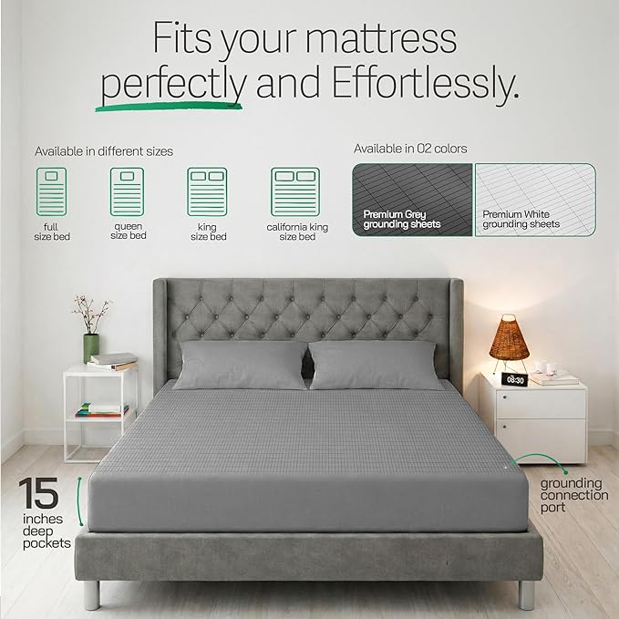 Earthbound Grounding Well Bed Sheets Queen Size - 90% Organic Cotton, 10% Pure Silver Infused Sheet | Fitted Well Deep Pocket Groundingwell Bedsheet, Improve Sleep with Our Earthing Sheets - (Gray)