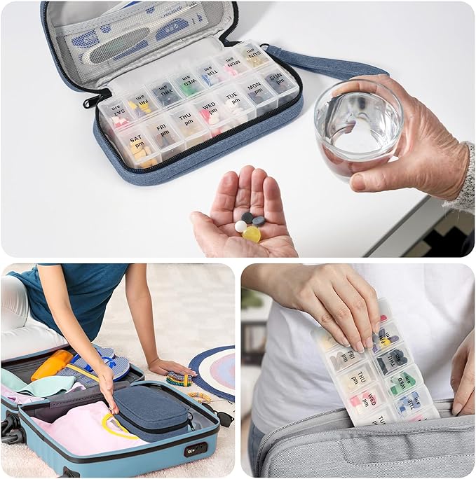 Weekly Pill Organizer 2 Times a Day, Travel Pill Box 7 Day with Large Opening, Pill Case with Handle, Pill Dispenser Medicine Organizer for Vitamins, Fish Oils, Medications, Supplements(Black, Large)