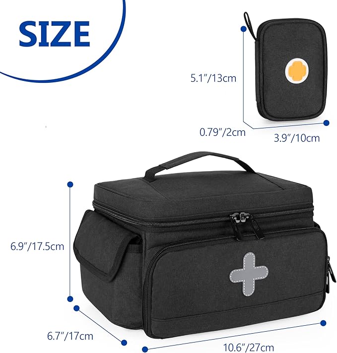CURMIO Medicine Storage Bag Empty, Lockable Pill Bottle Organizer with Portable Zippered Pouches for First Aid Kits, Medicine Box for Home and Travel, Black (Patent Pending)
