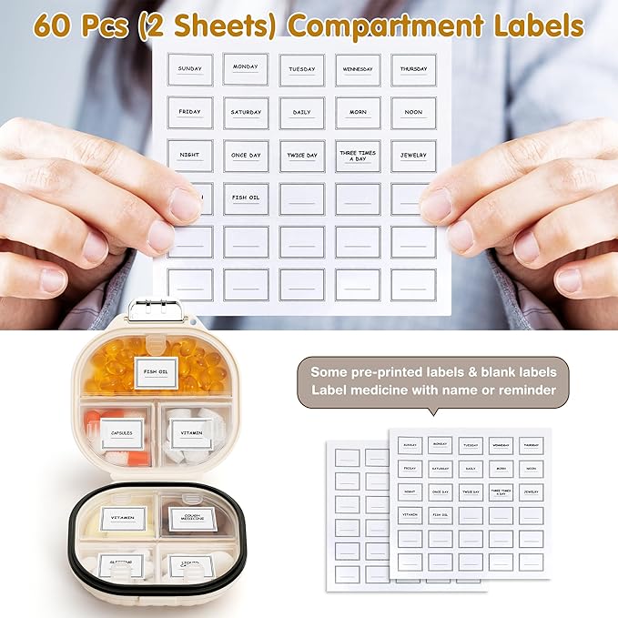 Zannaki Pill Case Portable Small Weekly Travel Pill Organizer, Cute Moisture Proof Pill Box Holder for Purse, Daily Mini Pocket Pharmacy Medicine Container for Vitamin, Fish Oil, Supplement,Black